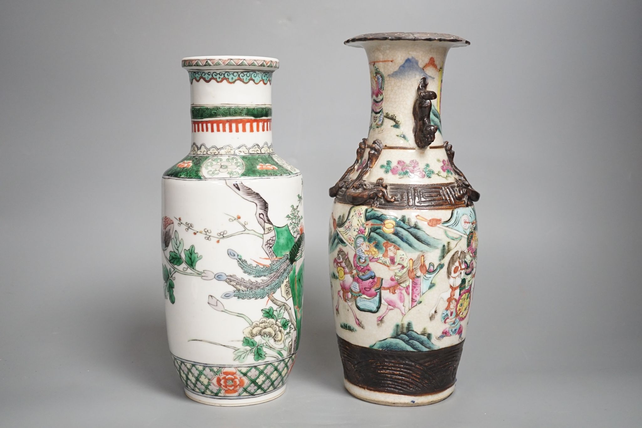 A Chinese crackle glaze ‘warriors’ vase and a Chinese famille verte ‘phoenix’ vase, both early 20th century Crackle ware vase 25 cms high.